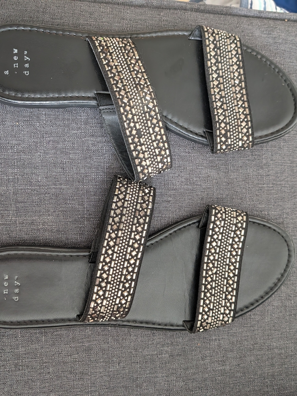 a new day Black Double-Strap Embellished Slide Sandals
